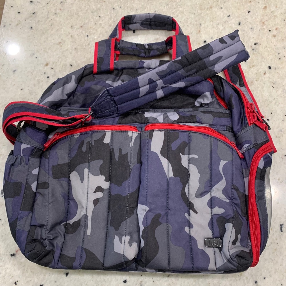 Lug Orange Label Camo Puffy Travel Duffel Bag Navy Gray‎ Red Trim Zip Tote